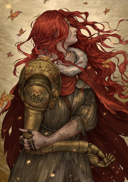 Anime picture 2650x3780 with elden ring malenia blade of miquella artelsia single long hair tall image highres standing signed looking away red hair floating hair holding arm girl insect butterfly prosthesis