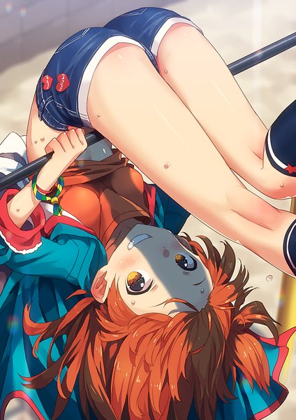 Anime picture 849x1200 with idolmaster idolmaster million live! oogami tamaki narumi arata single tall image looking at viewer blush short hair breasts open mouth light erotic smile yellow eyes ass orange hair bare legs bare belly sweat shaded face