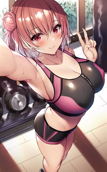 Anime picture 800x1284 with yahari ore no seishun love comedy wa machigatteiru. brains base (studio) yuigahama yui xe (execut3r) single tall image looking at viewer blush fringe short hair breasts light erotic smile hair between eyes red eyes large breasts standing pink hair cleavage indoors