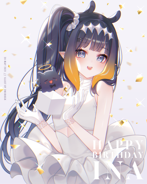 Anime picture 1080x1350 with virtual youtuber hololive hololive english ninomae ina'nis takodachi (ninomae ina'nis) 2nii single long hair tall image blush open mouth blue eyes signed animal ears upper body :d pointy ears mole alternate costume mole under eye