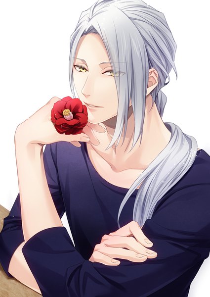 Anime picture 708x1000 with a3! yukishiro azuma itohara single long hair tall image looking at viewer simple background white background holding yellow eyes silver hair upper body light smile low ponytail boy flower (flowers) camellia (flower)