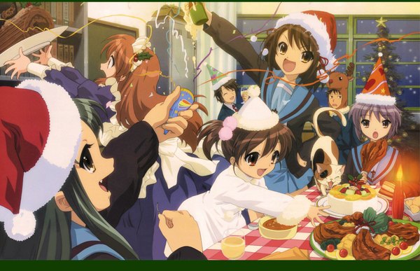 Anime picture 1920x1241 with suzumiya haruhi no yuutsu kyoto animation suzumiya haruhi nagato yuki asahina mikuru kyon koizumi itsuki tsuruya kyon no imouto shamisen (suzumiya haruhi) highres maid christmas group girl cat