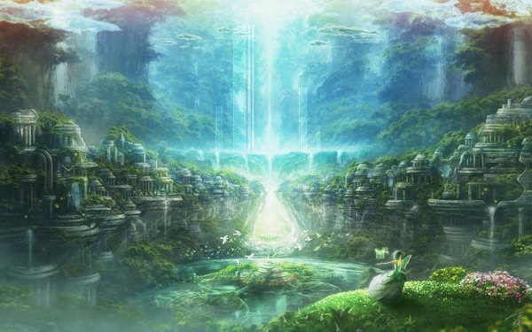 Anime picture 1920x1200 with original rel highres short hair wide image signed cloud (clouds) green hair landscape bat wings girl dress flower (flowers) plant (plants) animal tree (trees) water bird (birds) grass
