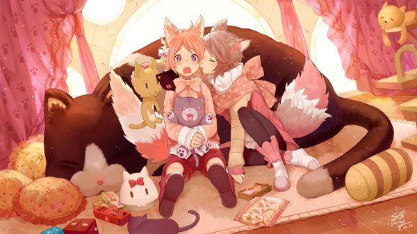 Anime picture 1280x720 with original salmon88 blush short hair open mouth brown hair wide image sitting purple eyes signed animal ears ahoge tail eyes closed animal tail cat ears cat girl cat tail embarrassed symbol-shaped pupils