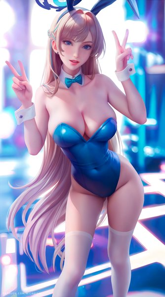 Anime picture 3900x7000 with blue archive toki (blue archive) toki (bunny) (blue archive) wickellia single long hair tall image looking at viewer highres breasts blue eyes light erotic blonde hair large breasts standing signed animal ears absurdres cleavage parted lips