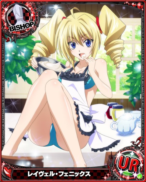 Anime picture 640x800 with highschool dxd ravel phenex single long hair tall image looking at viewer blue eyes light erotic blonde hair twintails drill hair card (medium) eating nearly naked apron girl underwear panties lingerie bra apron