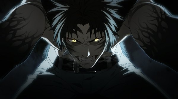 Anime picture 1022x573 with dramatical murder nitro+chiral ren (dmmd) honya lala single looking at viewer short hair black hair wide image yellow eyes animal tail teeth fang (fangs) tattoo grin angry dog ears boy collar jeans