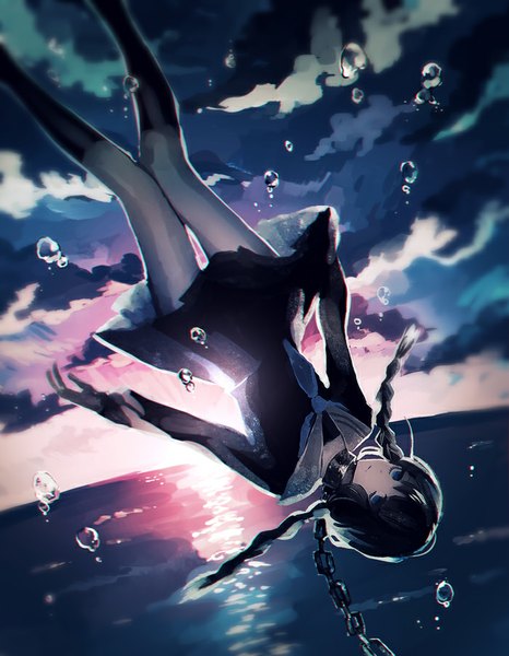 Anime picture 700x900 with original yumeno yume single long hair tall image looking at viewer fringe blue eyes black hair sky cloud (clouds) bent knee (knees) pleated skirt evening sunset horizon upside down knees touching weightlessness girl