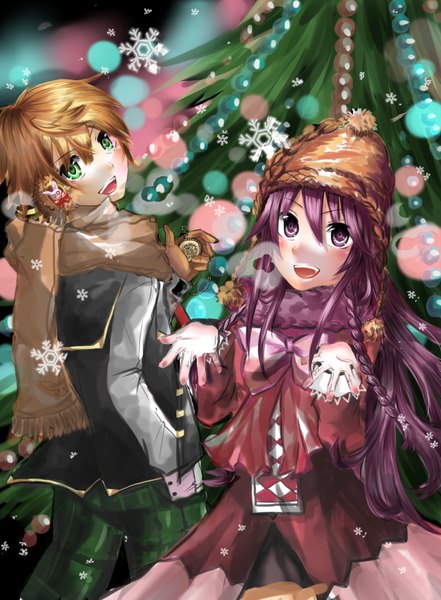Anime picture 2938x4000 with pandora hearts xebec alice (pandora hearts) jack vessalius tall image looking at viewer blush highres short hair open mouth blonde hair smile green eyes pink hair braid (braids) very long hair pink eyes twin braids christmas winter