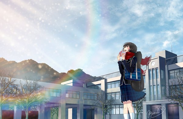 Anime picture 1000x650 with original fusui single blush open mouth brown hair standing holding brown eyes signed looking away sky outdoors pleated skirt wind sunlight from below happy looking up mountain