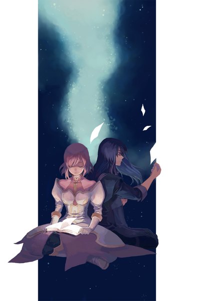 Anime picture 1231x1743 with tales of (series) tales of vesperia yuri lowell estellise sidos heurassein sarai long hair tall image short hair black hair smile sitting pink hair eyes closed profile couple girl boy book (books)