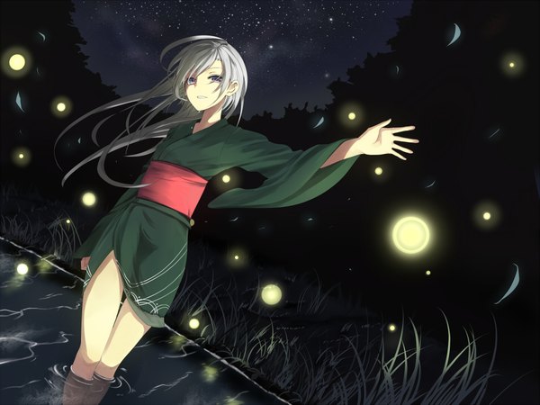 Anime picture 2000x1500 with original ojaga long hair highres purple eyes silver hair japanese clothes night girl plant (plants) water star (stars) grass short kimono fireflies