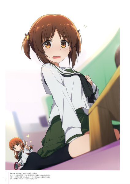 Anime picture 2474x3500 with girls und panzer milky been! (ogipote) - dd's gems (artbook) nishizumi miho takebe saori ogipote long hair tall image looking at viewer fringe highres short hair open mouth smile sitting twintails multiple girls holding indoors blunt bangs long sleeves