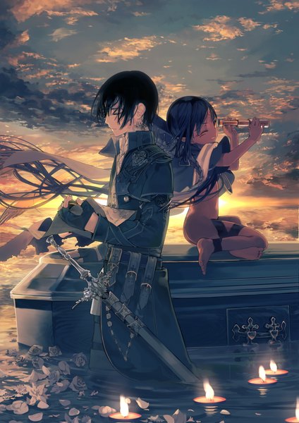 Anime picture 2893x4092 with isekai meikyuu no saishinbu wo mezasou ukai saki long hair tall image highres short hair light erotic black hair sky cloud (clouds) outdoors eyes closed barefoot wind tattoo sheathed partial nude girl boy gloves