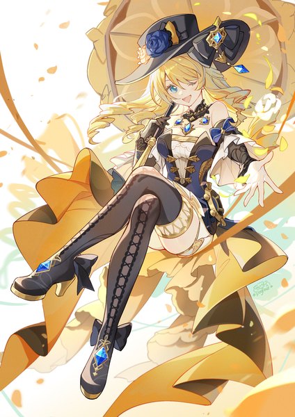 Anime picture 1500x2122 with genshin impact navia (genshin impact) gou lianlian dogface single long hair tall image looking at viewer open mouth blue eyes light erotic blonde hair sitting full body one eye closed wink high heels crossed legs drill hair ;d outstretched hand