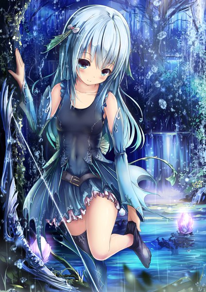 Anime picture 1158x1637 with original missle228 single long hair tall image looking at viewer fringe breasts blue eyes smile blue hair outdoors covered navel fantasy girl thighhighs dress detached sleeves water belt