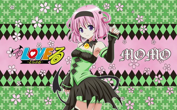 Anime picture 1920x1200 with toloveru xebec momo velia deviluke single looking at viewer highres short hair wide image purple eyes bare shoulders pink hair tail light smile girl dress detached sleeves