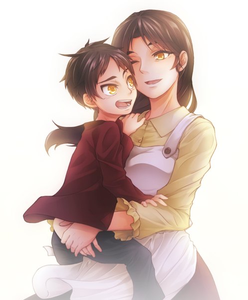 Anime-Bild 1346x1624 mit shingeki no kyojin production i.g eren yaeger carla jaeger yagisuke long hair tall image short hair open mouth simple background smile brown hair white background yellow eyes one eye closed wind wink alternate age family mother and son