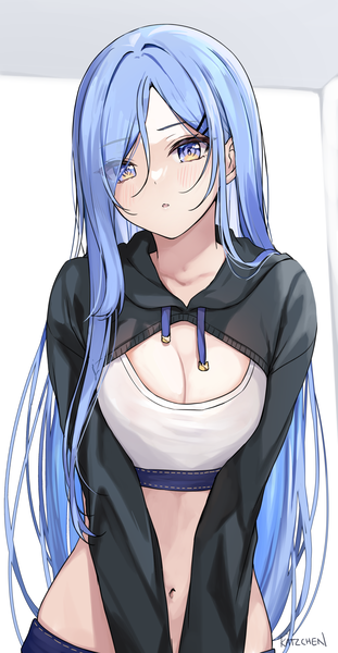 Anime picture 2617x5043 with original minah (chaesu) kaetzchen single long hair tall image blush fringe highres open mouth blue eyes light erotic simple background hair between eyes standing signed blue hair cleavage long sleeves head tilt