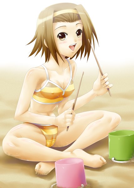 Anime picture 1000x1400 with k-on! kyoto animation tainaka ritsu ayato single tall image short hair open mouth light erotic brown hair sitting brown eyes cameltoe indian style girl swimsuit hairband