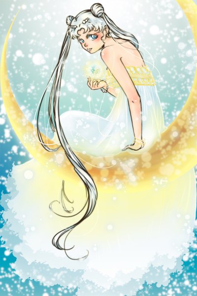 Anime picture 800x1200 with bishoujo senshi sailor moon toei animation tsukino usagi princess serenity april-ame single tall image looking at viewer blush blue eyes sitting twintails bare shoulders silver hair very long hair looking back hair bun (hair buns) leaning leaning forward turning head