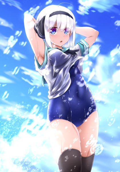Anime picture 968x1384 with touhou konpaku youmu evandragon single tall image looking at viewer blush fringe short hair breasts open mouth blue eyes light erotic hair between eyes standing payot sky cloud (clouds) ahoge outdoors