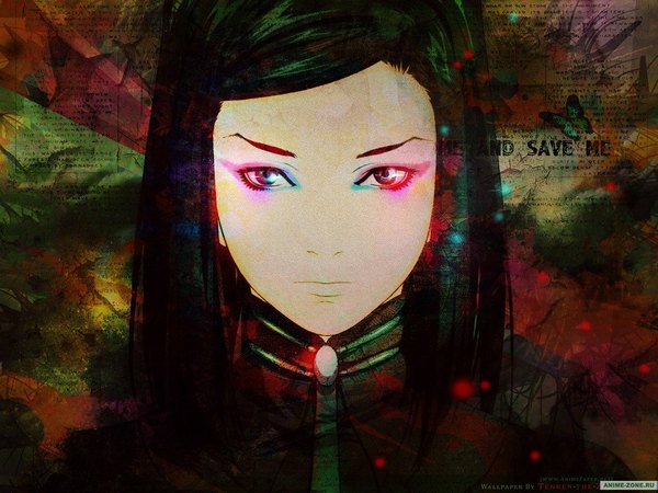 Anime picture 1024x768 with ergo proxy re-l mayer black hair glowing portrait glowing eye (eyes) multicolored eyes girl