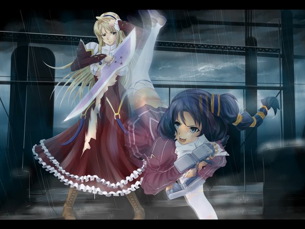 Anime picture 1600x1200 with freezing satellizer el bridget lana rinchen poker-face-008 long hair open mouth blonde hair multiple girls green eyes blue hair braid (braids) black eyes torn clothes letterboxed rain battle girl thighhighs uniform weapon