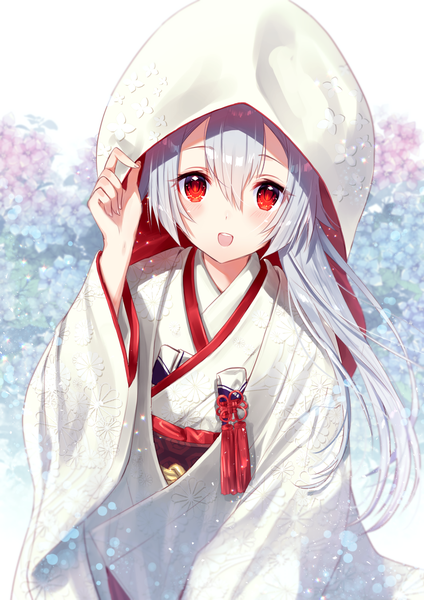 Anime picture 955x1351 with fate (series) fate/grand order tomoe gozen (fate) nunucco single long hair tall image looking at viewer fringe open mouth smile hair between eyes red eyes silver hair traditional clothes :d japanese clothes arm up wide sleeves teeth