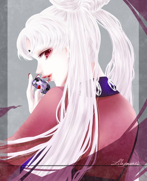 Anime picture 810x994 with bishoujo senshi sailor moon toei animation chibiusa black lady monca moca single long hair tall image looking at viewer open mouth simple background red eyes twintails holding signed white hair nail polish profile lips hair bun (hair buns)