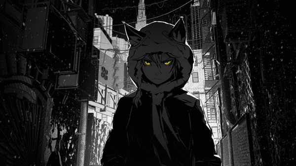 Anime picture 1920x1080 with arsenixc single fringe highres hair between eyes wide image animal ears yellow eyes outdoors city monochrome spot color girl hood building (buildings) cable mascot