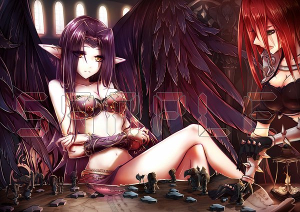 Anime picture 1000x707 with league of legends katarina (league of legends) morgana (league of legends) beanbean1988 long hair light erotic multiple girls green eyes yellow eyes purple hair red hair pointy ears legs black wings girl navel 2 girls wings lingerie bra