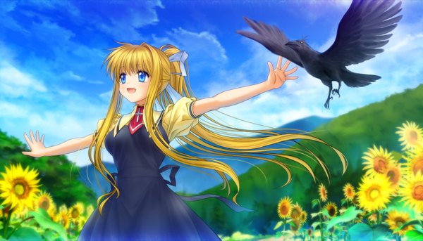 Anime picture 1920x1100 with air key (studio) kamio misuzu mutsuki (moonknives) single long hair highres open mouth blue eyes blonde hair wide image sky cloud (clouds) ponytail spread arms girl dress flower (flowers) ribbon (ribbons) hair ribbon
