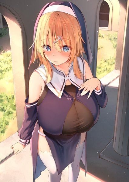 Anime picture 2832x4000 with original sune (mugendai) single long hair tall image looking at viewer blush fringe highres breasts blue eyes light erotic blonde hair hair between eyes large breasts standing against wall nun girl thighhighs