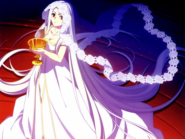 Anime picture 2600x1950 with fate (series) fate/zero type-moon irisviel von einzbern single highres red eyes white hair very long hair girl dress cup