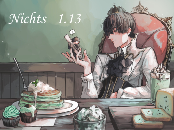 Anime picture 6311x4730 with original fatalbug896 fringe highres short hair black hair hair between eyes looking away absurdres indoors multiple boys ! miniboy boy shirt food white shirt sweets 2 boys crown