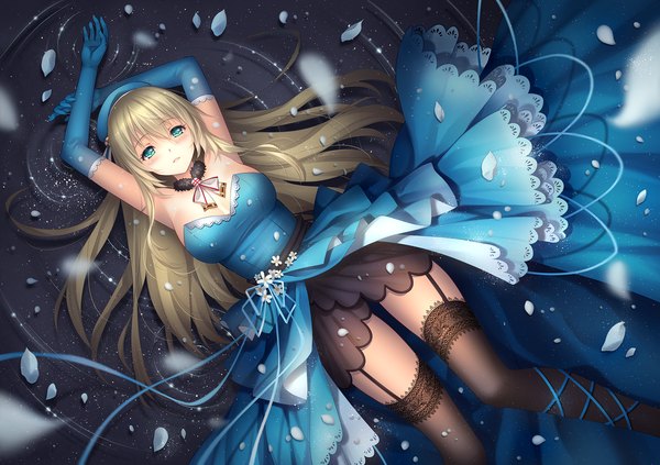 Anime picture 1200x847 with kantai collection atago heavy cruiser tidsean single long hair looking at viewer blush blue eyes blonde hair girl thighhighs dress gloves black thighhighs petals elbow gloves beret