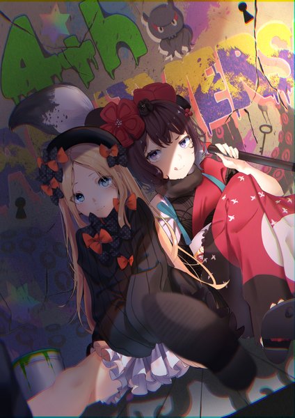 Anime picture 2894x4093 with fate (series) fate/grand order abigail williams (fate) katsushika hokusai (fate/grand order) tokitarou (fate/grand order) fou (ssqseeker) long hair tall image looking at viewer fringe highres short hair blue eyes blonde hair brown hair sitting purple eyes multiple girls holding shadow