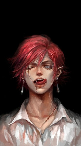 Anime picture 566x1016 with original sirius d single tall image looking at viewer short hair open mouth blue eyes simple background red hair one eye closed pointy ears wink teeth fang (fangs) black background scar open collar boy earrings