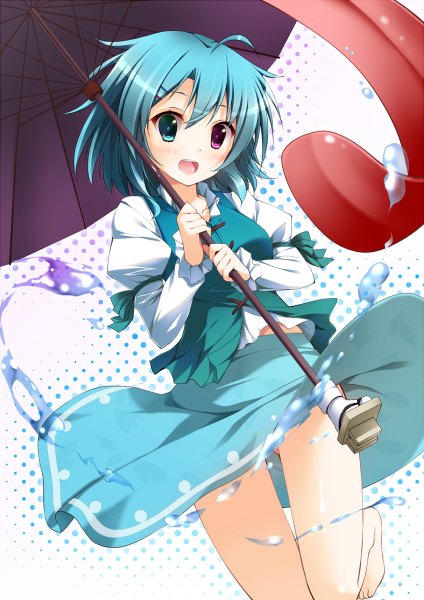 Anime picture 848x1200 with touhou tatara kogasa nironiro single tall image blush short hair open mouth light erotic smile purple eyes ahoge aqua eyes aqua hair heterochromia girl skirt water tongue umbrella