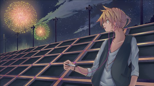 Anime picture 1280x720 with vocaloid kagamine len yakitori (artist) single blonde hair wide image cloud (clouds) night night sky fireworks boy headphones cross vest wire (wires)