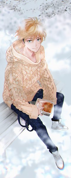 Anime picture 2861x7141 with tokyo revengers matsuno chifuyu azimu yukita single tall image highres short hair blue eyes blonde hair smile sitting full body outdoors from above tears cherry blossoms bad proportions boy food shoes