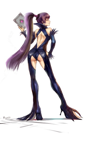 Anime picture 1000x1414 with dragon nest sorceress (dragon nest) charimei single long hair tall image blue eyes light erotic simple background white background bare shoulders signed purple hair ponytail profile from behind mole hand on hip mole under eye back