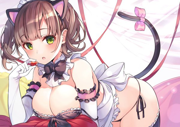 Anime picture 1000x708 with original ringozaka mariko single looking at viewer blush fringe short hair breasts open mouth light erotic brown hair large breasts twintails green eyes animal ears tail blunt bangs animal tail cat ears :o