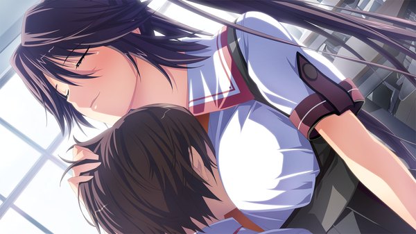 Anime picture 1280x720 with material brave giga midoukane hikaru kikuchi seiji long hair blush light erotic black hair wide image game cg ponytail eyes closed couple girl boy uniform school uniform