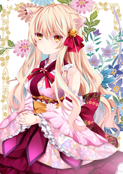 Anime picture 1000x1414 with original nanase kureha nanase nao single long hair tall image looking at viewer blush fringe simple background blonde hair hair between eyes standing animal ears yellow eyes traditional clothes japanese clothes cat ears wide sleeves cat girl