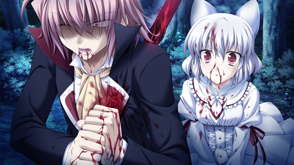 Anime picture 2560x1440 with yaneura no kanojo dp minase (artist) highres short hair open mouth red eyes wide image pink hair game cg white hair girl dress boy bow hair bow blood
