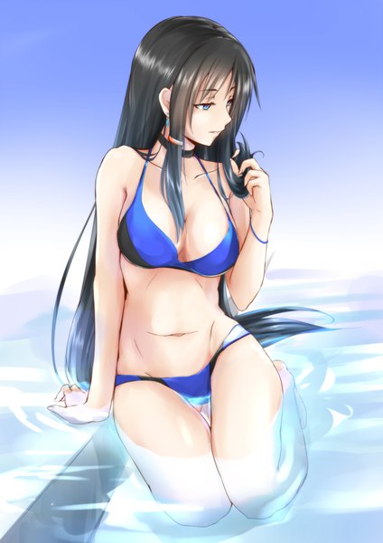 Anime picture 2893x4092 with original suzuki-shi single tall image highres breasts blue eyes light erotic black hair payot looking away bent knee (knees) very long hair parted lips arm support thigh gap groin blue background seiza playing with hair