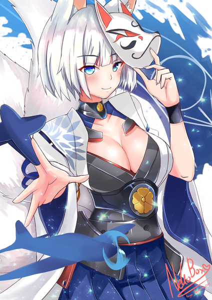 Anime picture 2894x4093 with azur lane kaga (azur lane) nekobox single tall image looking at viewer blush fringe highres short hair breasts blue eyes light erotic smile large breasts holding signed animal ears cleavage silver hair