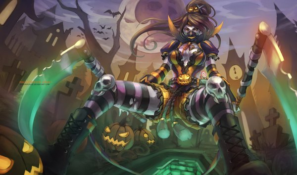 Anime picture 4724x2789 with league of legends akali (league of legends) monori rogue single long hair looking at viewer highres breasts black hair wide image yellow eyes absurdres ponytail spread legs halloween girl thighhighs weapon animal boots